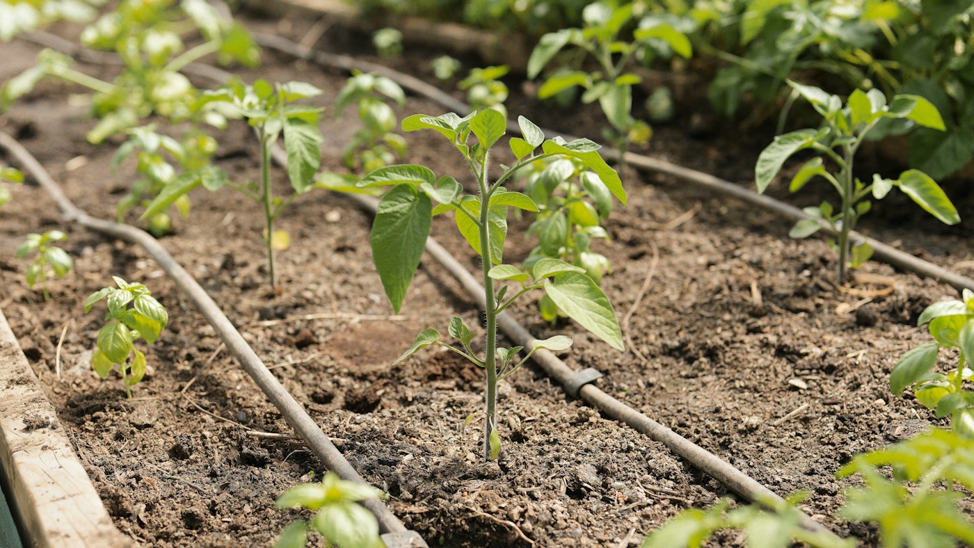 Drip irrigation lines running between young plants